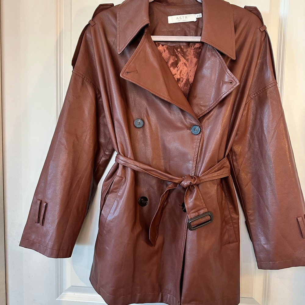 ASTR Rust Brown Double Breasted Belted Faux Leather Jacket Coat, Size XS